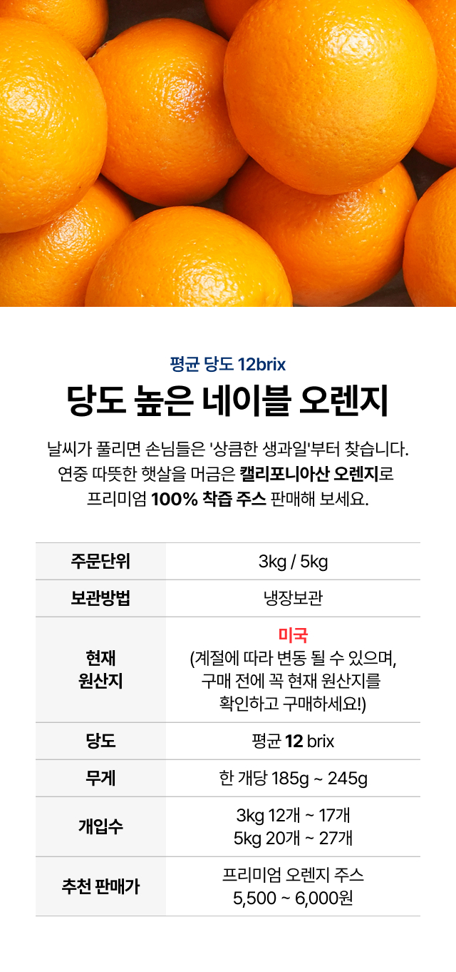 평균 당도 12Brix 고당도 네이블 오렌지 3kg 5kg 중과 대과 개수 및 보관 방법