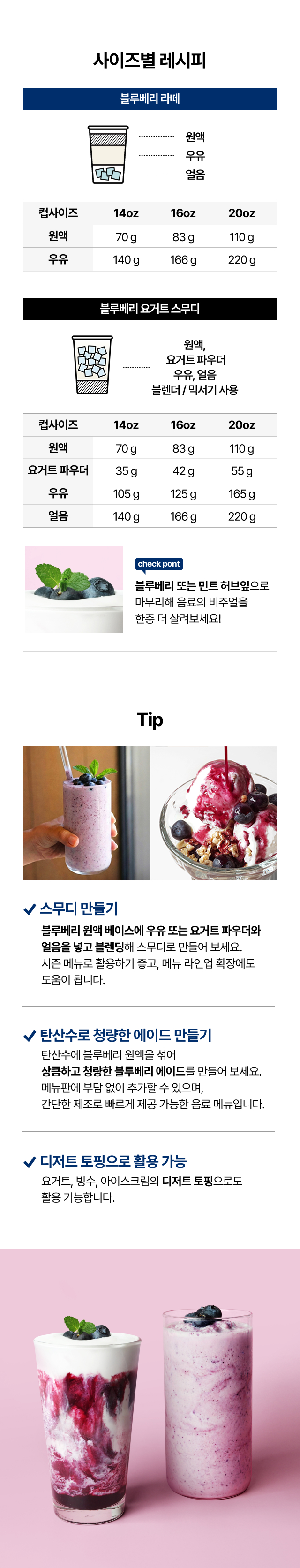 사이즈별 블루베리 라떼 아이스 제조 레시피 14oz 16oz 20oz 비율, 여름 시즌 메뉴 블루베리 스무디 에이드 및 빙수 디저트 토핑 활용법
