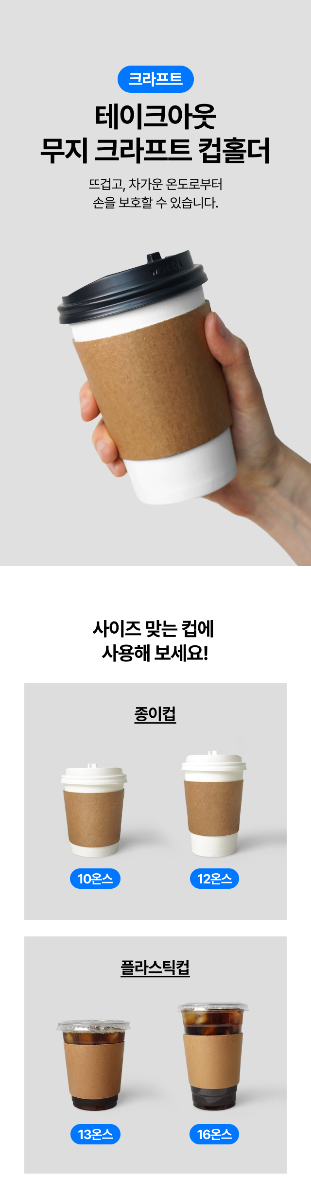 테이크아웃 종이컵 아이스컵 겸용 무지 크라프트 컵홀더, 10온스 12온스 13온스 16온스 사이즈별 착용 비교 및 손 보호 단열 기능