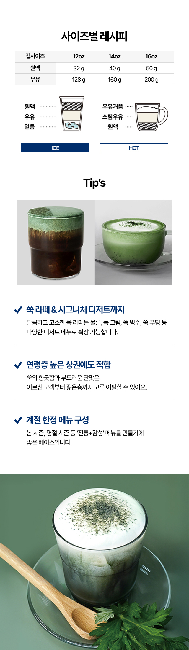 쑥 원액 베이스의 12oz·14oz·16oz 사이즈별 아이스·핫 레시피 비율 안내와 쑥라떼, 봄 시즌메뉴, 쑥 디저트 메뉴 응용법 그리고 음료의 컵사진을 보여주는 활용 가이드 이미지
