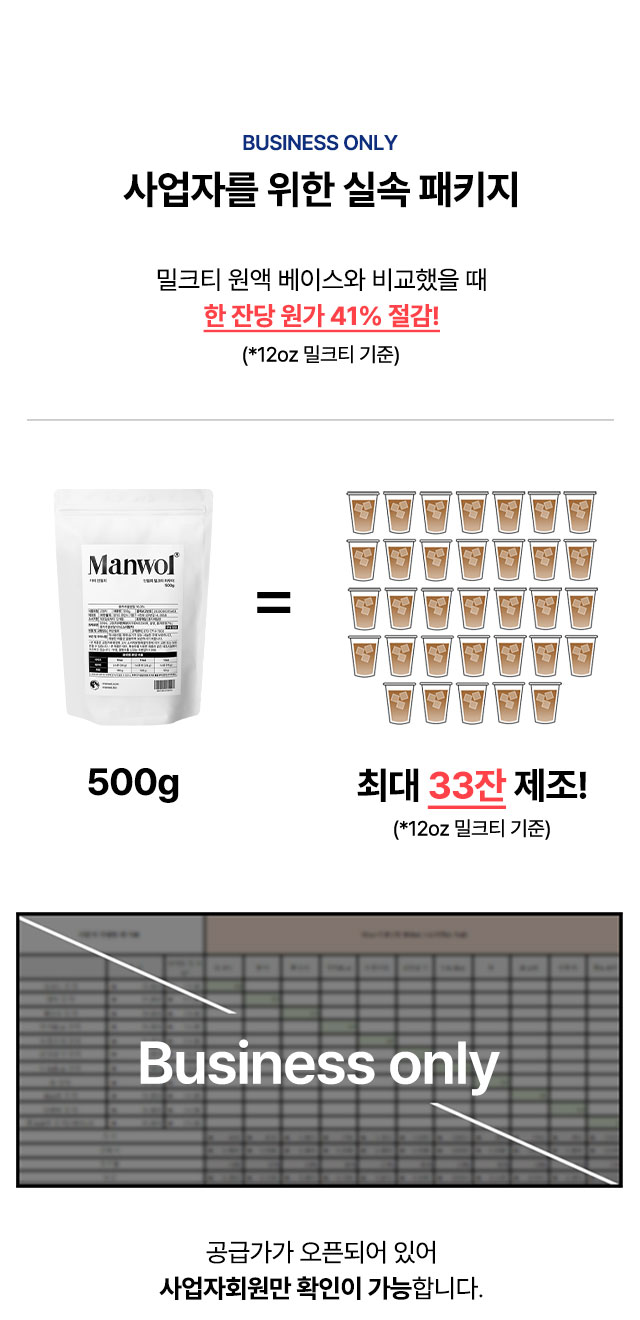 사업자 회원을 위한 실속 패키지 안내 밀크티 원액 베이스 대비 41% 원가 절감 효과 및 500g 1봉당 최대 33잔 제조 가능 분석