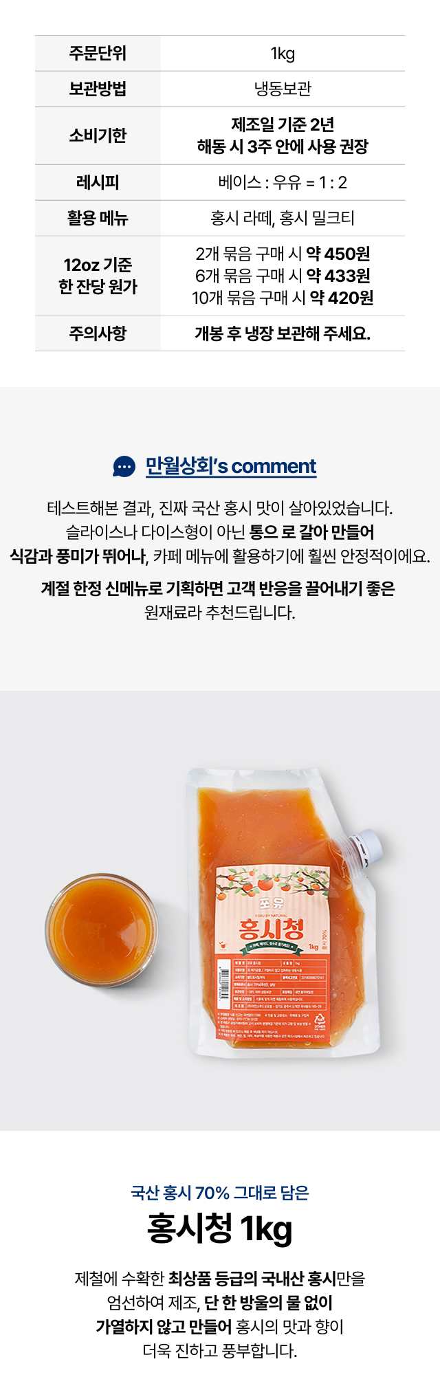 홍시청 1kg 제품 정보 안내 이미지. 주문단위, 보관방법, 소비기한, 레시피, 잔당 원가가 표기되어 있으며 카페 메뉴 활용 팁이 함께 적혀 있습니다. 하단에는 만월상회 코멘트로 통째 갈아 만든 국산 홍시의 식감과 풍미를 강조한 설명과 함께, 홍시청 제품 실물 사진이 있습니다. 카페 사장님들이 라떼와 홍시 밀크티 메뉴 구성 시 참고하기 좋은 가이드 이미지입니다.