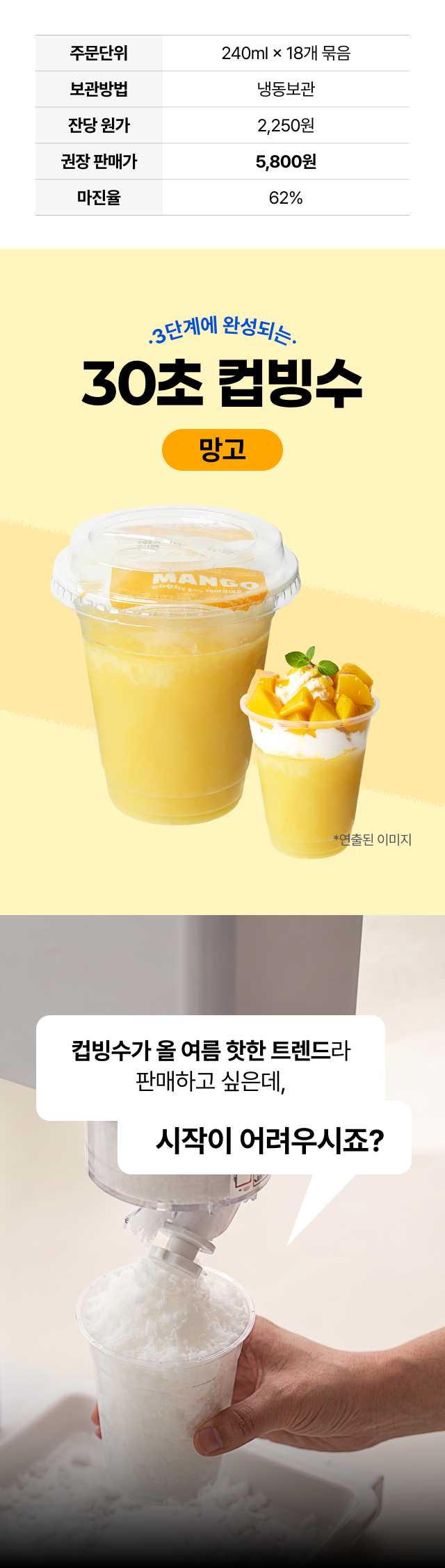 트렌디저트 30초 컵빙수 망고 240ml 18개입 카페
사업자용 - 잔당 원가 2,250원·권장 판매가 5,800원·마진율 62% 냉동 컵빙수