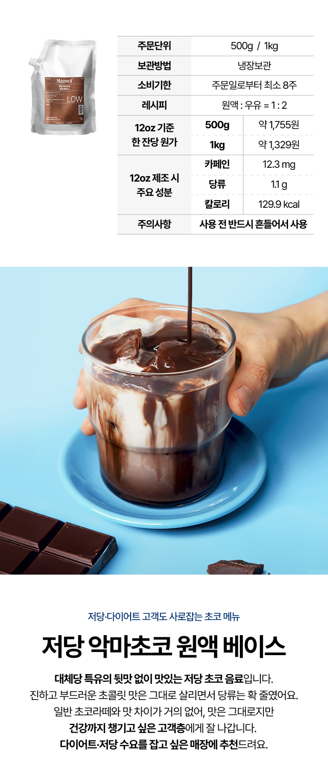 저당 악마초코 원액 베이스 500g과 1kg 패키지로 12온스 기준 각각 9잔과 18잔 제조 가능하며 잔당 원가를 비교한 실속 패키지 안내 이미지