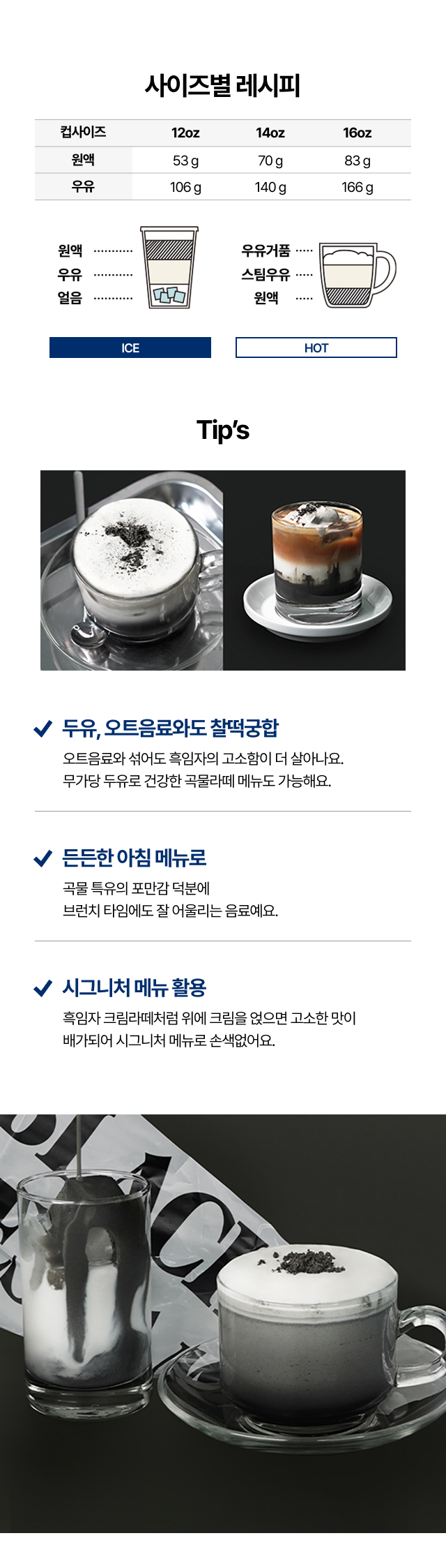 흑임자 원액 베이스의 12oz·14oz·16oz 사이즈별 아이스·핫 레시피 비율 안내와 두유·오트밀크 활용 팁, 브런치용 메뉴 제안, 시그니처 메뉴 응용법, 그리고 음료의 컵사진을 함께 보여주는 활용 가이드 이미지