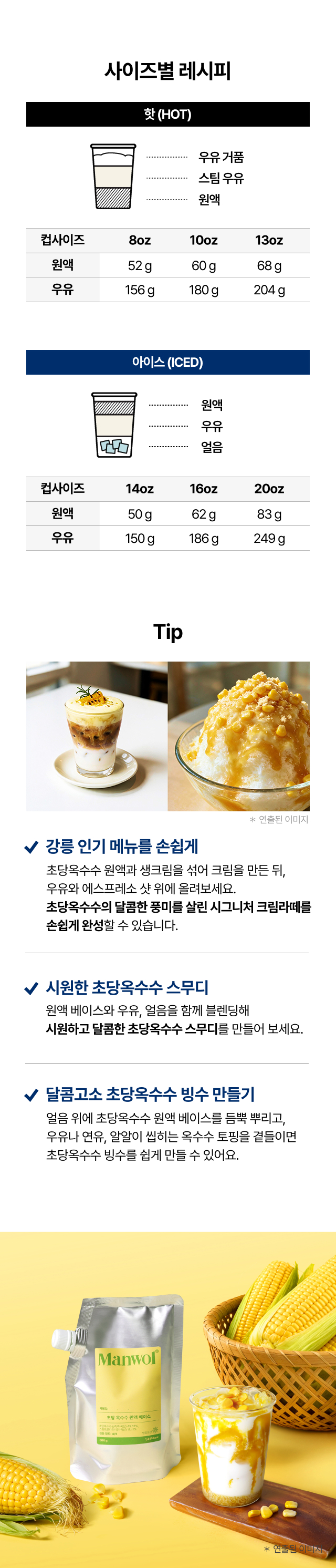 초당옥수수 원액 베이스의 컵 사이즈별 제조 레시피 표. 핫 음료는 8·10·13oz 기준 원액 52·60·68g과 우유 156·180·204g, 아이스 음료는 14·16·20oz 기준 원액 50·62·83g과 우유 150·186·249g을 사용하며, 시그니처 크림라떼와 스무디, 빙수 활용법을 함께 안내합니다.