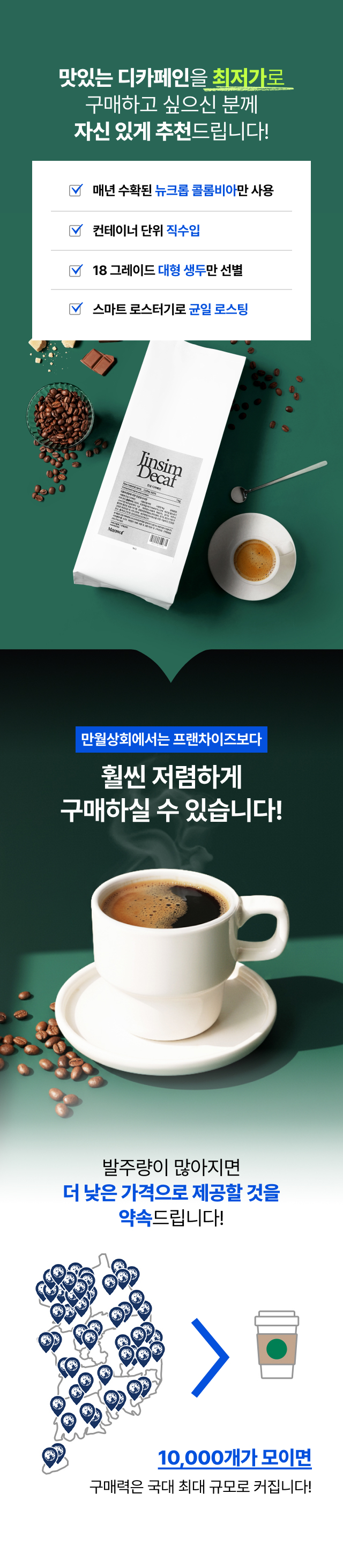 맛있는 디카페인 원두 구매 추천 포인트. 매년 수확된 뉴크롭 콜롬비아 생두 사용, 컨테이너 단위 직수입, 18 그레이드 대형 생두 선별, 스마트 로스터기 균일 로스팅. 프랜차이즈보다 훨씬 저렴하게 구매 가능한 만월상회 대량 구매 시스템 안내.