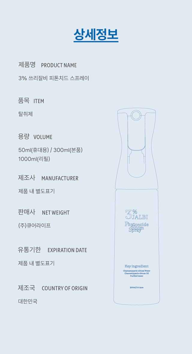 제품명 3% 쓰리잘비 피톤치드 스프레이, 품목 탈취제, 용량 50·300·1000ml, 
  제조국 대한민국 등 제품 규격을 정리한 상세정보 이미지