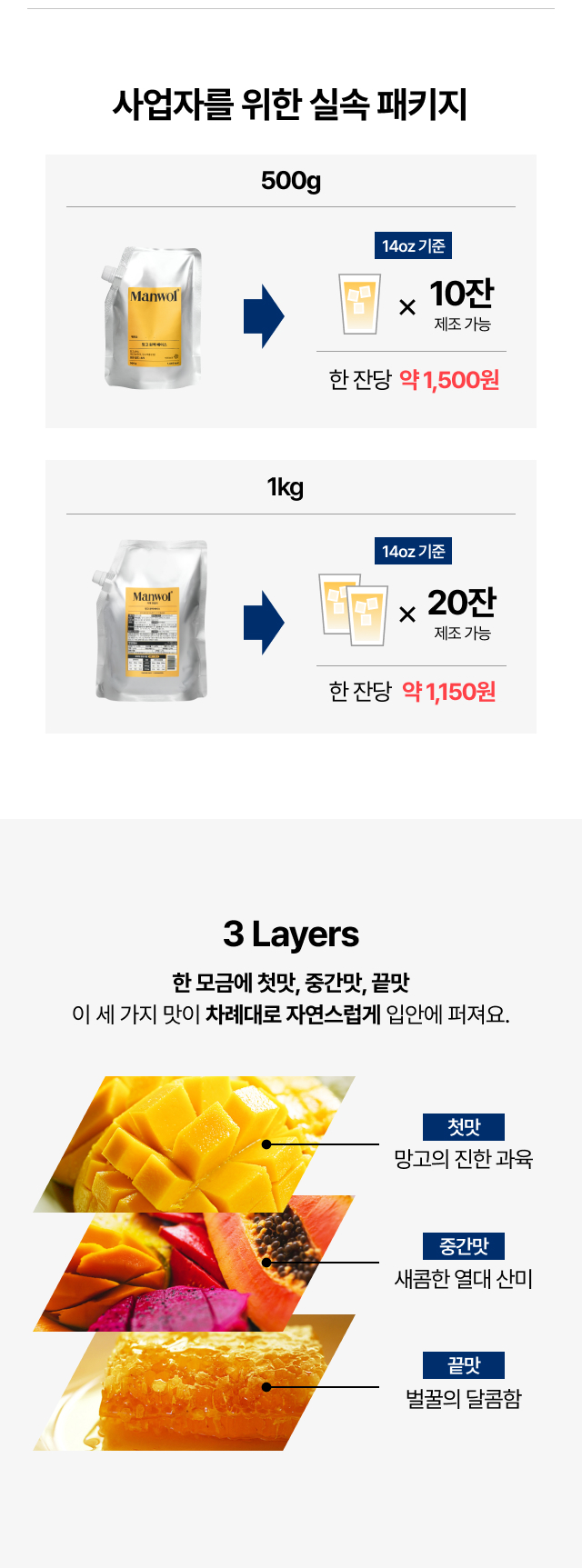 카페 사장님
   추천 만월 망고 베이스 500g 10잔·1kg 20잔 사업자 실속 패키지, 망고 과육과 열대 산미 벌꿀 달콤함의 3 Layers