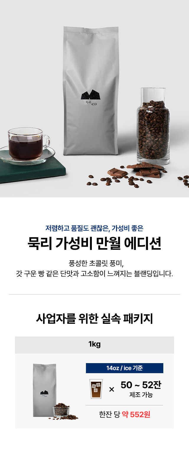 묵리 가성비 만월 에디션 — 초콜릿 풍미와 고소한 단맛을 강조한 가성비 원두 패키지 이미지