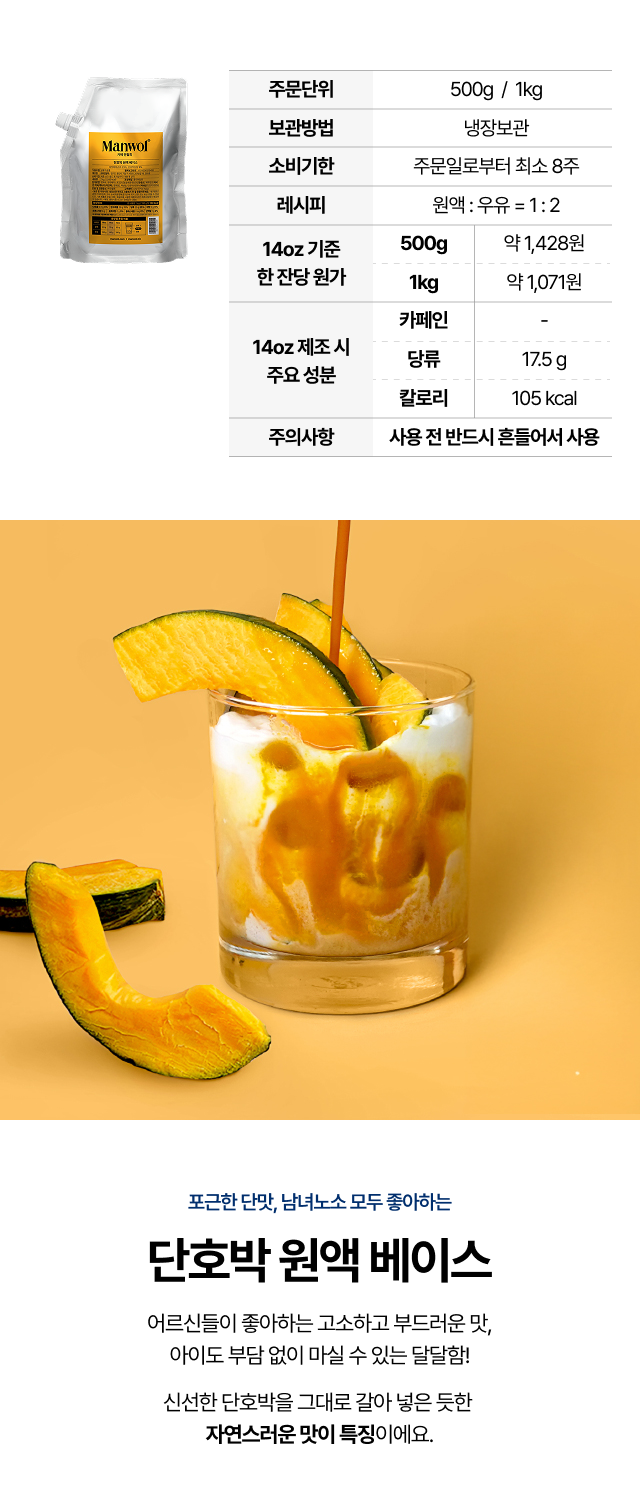 단호박 원액 베이스 500g과 1kg 패키지로 12온스 기준 각각 9잔과 18잔 제조 가능하며 잔당 원가를 비교한 실속 패키지 안내 이미지