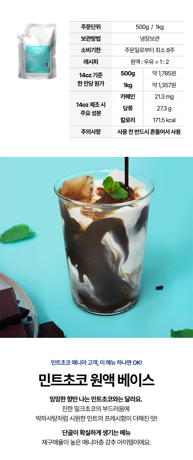 민트초코 원액 베이스 500g과 1kg 패키지로 12온스 기준 각각 9잔과 18잔 제조 가능하며 잔당 원가를 비교한 실속 패키지 안내 이미지