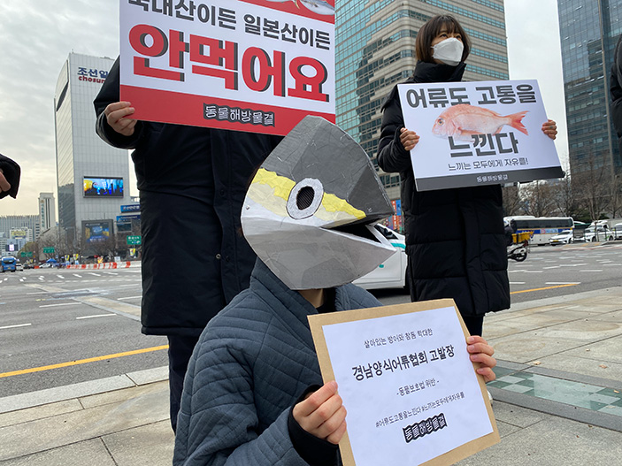 생선탈을 쓴 사람이 경남양식어류협회 고발장을 들고 거리에 나와있다