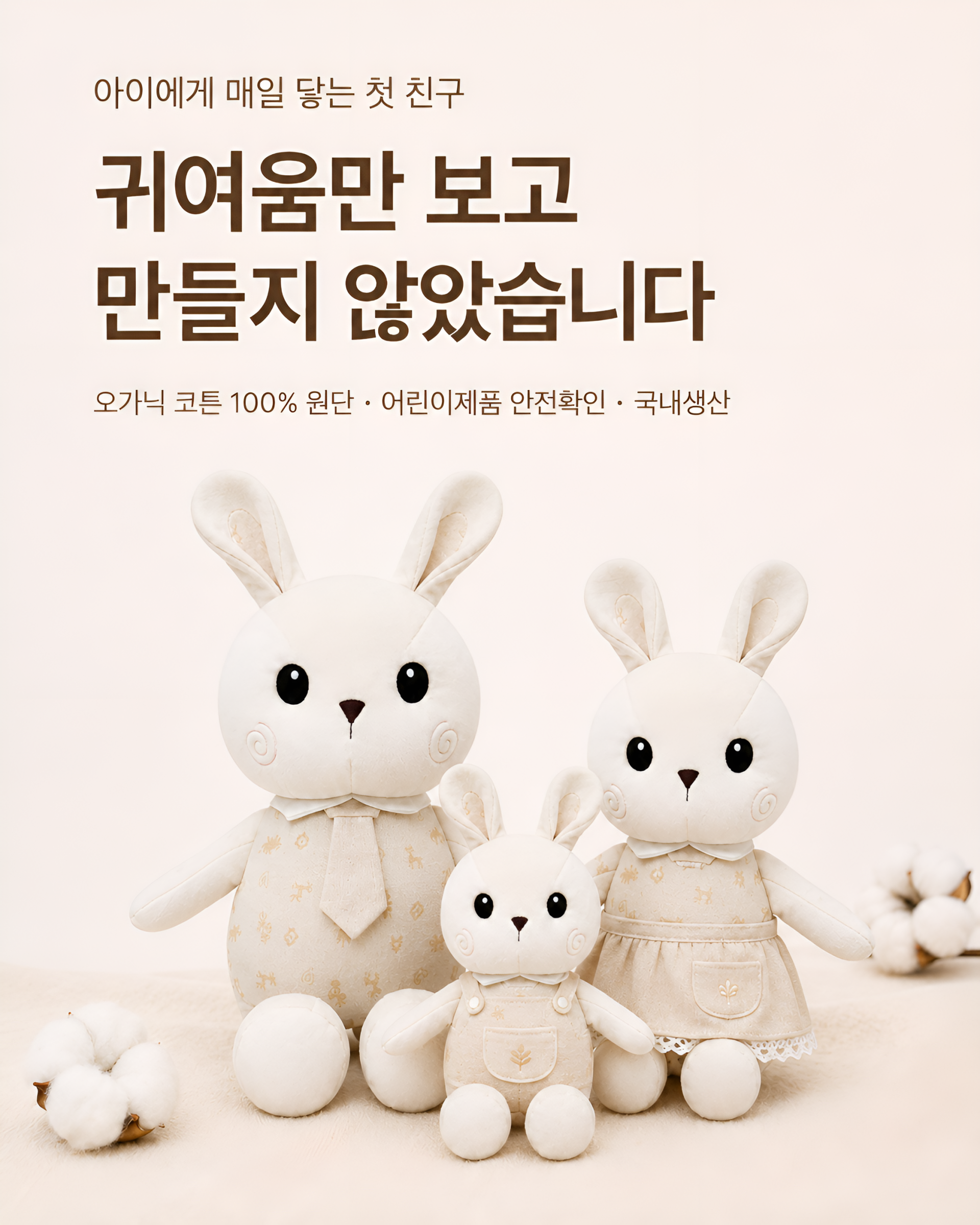 쁘리레 국내생산 오가닉 코튼 토끼 애착인형 30cm 45cm 65cm