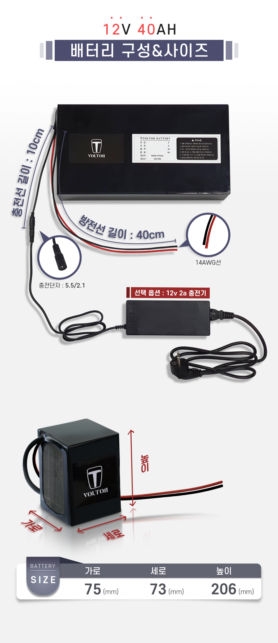 배터리 구성&사이즈: 충전선 길이/단자: 10cm / 5.5/2.1, 방전선 길이/단자: 40cm / xt60. 가로 75mm, 세로 73mm, 높이 206mm.
