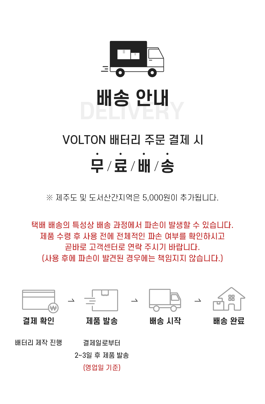 배송 안내: VOLTON 배터리 주문 결제 시 무료배송. 단, 제주도 및 도서산간지역은 5,000원이 추가됩니다. 배송 주의사항: 택배 배송의 특성상 배송 과정에서 파손이 발생할 수 있습니다. 제품 수령 후 사용 전에 전체적인 파손 여부를 확인하시고 곧바로 고객센터로 연락 주시기 바랍니다. (사용 후에 파손이 발견된 경우에는 책임지지 않습니다.) 배송절차: 1결제 확인(배터리 제작 진행) 2. 제품 발송(영업일 기준 결제일로부터 2~3일 후 제품 발송) 3. 배송 시작 4. 배송 완료