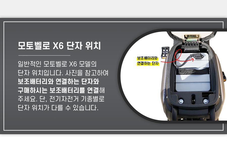 일반적인 모토벨로 X6 모델의 단자 위치입니다. 사진을 참고하여 보조배터리와 연결하는 단자와 구매하시는 보조배터리를 연결해 주세요. 단, 전기자전거 기종별로 단자 위치가 다를 수 있습니다.