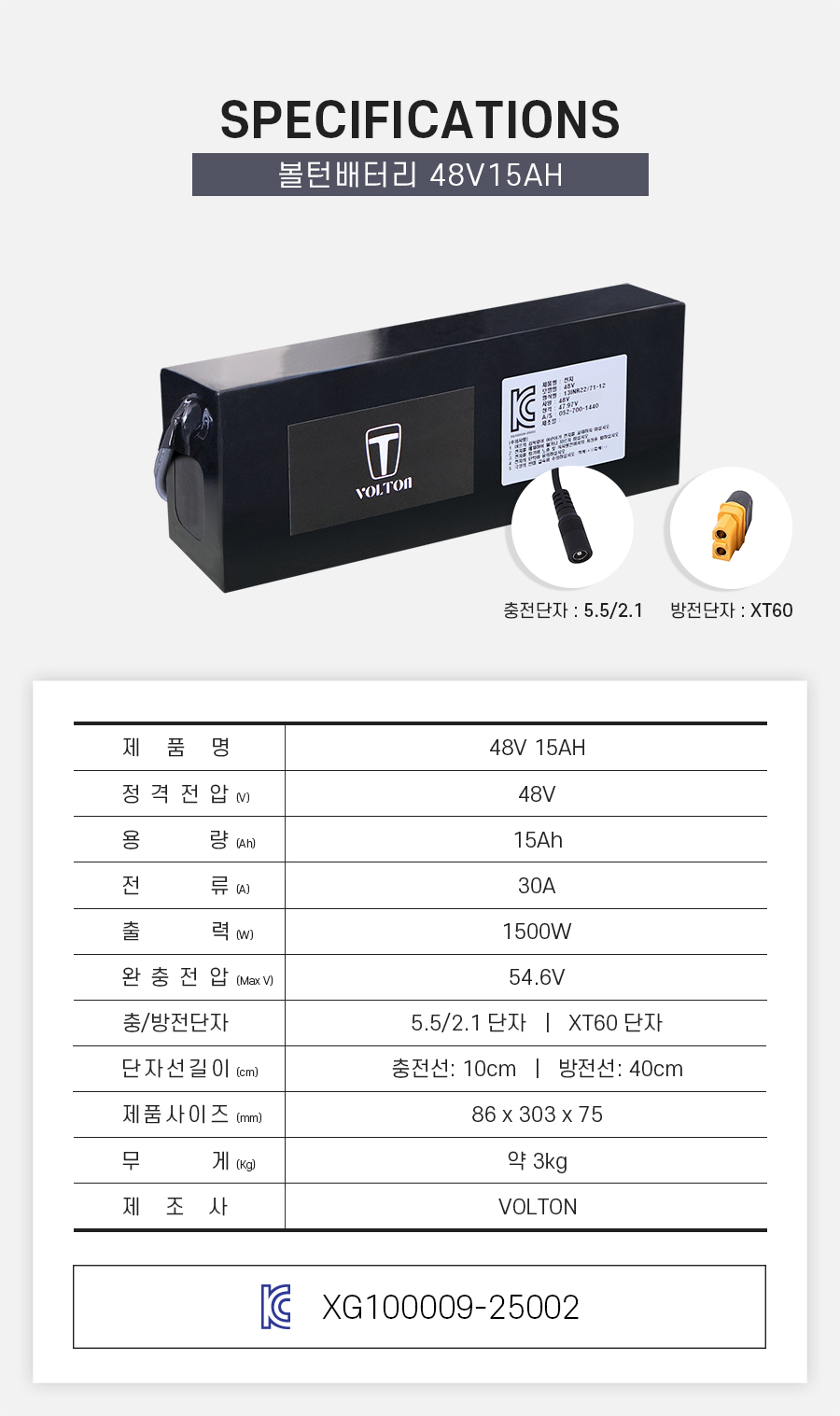제품 스펙시트. 제품명: 48V 15AH, 정격전압: 48V, 용량: 15Ah, 전류: 30A, 출력: 1500W, 완충 전압: 54.6V, 제품 사이즈: 가로 86mm, 세로 303mm, 높이 75mm. 무게: 약 3Kg. 제조사: 볼턴