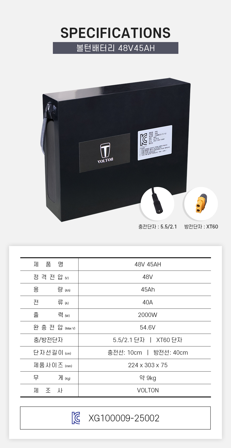 제품 스펙시트. 제품명: 48V 45AH, 정격전압: 48V, 용량: 45Ah, 전류: 40A, 출력: 2000W, 완충 전압: 54.6V, 제품 사이즈: 가로 224mm, 세로 303mm, 높이 75mm. 무게: 약 9Kg. 제조사: 볼턴