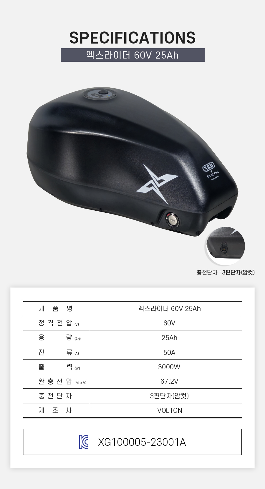 제품명: 엑스라이더 60V 25AH, 정격전압: 60V, 용량: 25Ah, 전류: 50A, 출력: 3000W, 완충 전압: 67.2V 제조사: 볼턴 