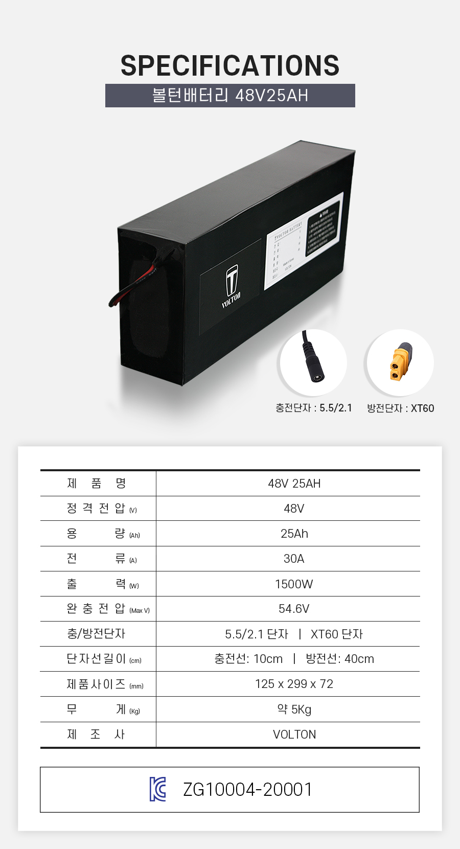 제품 스펙시트. 제품명: 48V 25AH, 정격전압: 48V, 용량: 25Ah, 전류: 30A, 출력: 1500W, 완충 전압: 54.6V, 제품 사이즈: 가로 125mm, 세로 299mm, 높이 72mm. 무게: 약 5Kg. 제조사: 볼턴 