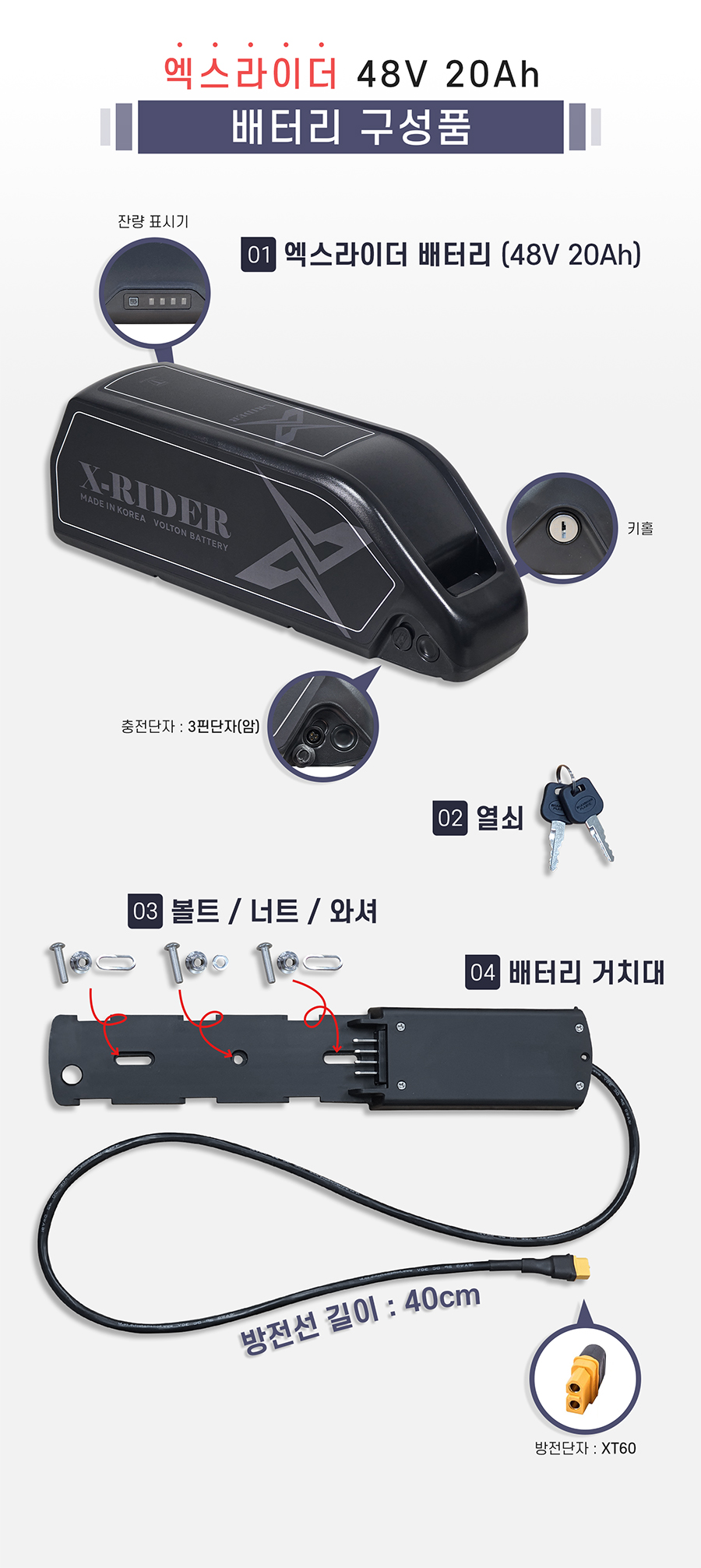 제품 구성: 1. 엑스라이더 배터리(48V 20ah), 2. 열쇠, 3. 볼트/너트/와셔, 4. 배터리 거치대