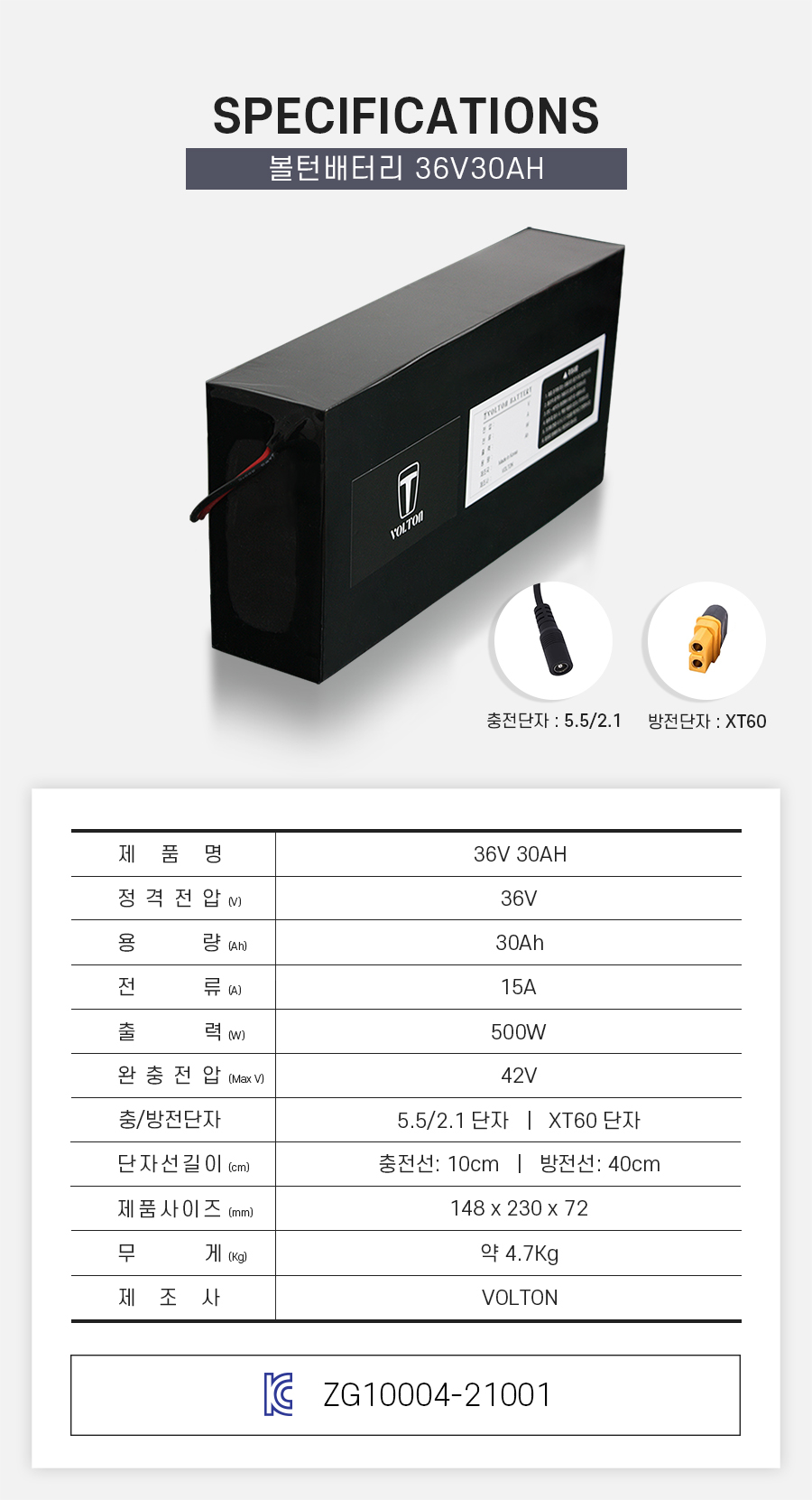 제품 스펙시트. 제품명: 36V 30AH, 정격전압: 36V, 용량: 30Ah, 전류: 15A, 출력: 500W, 완충 전압: 42V, 제품 사이즈: 가로 148mm, 세로 230mm, 높이 72mm. 무게: 약 4.7Kg. 제조사: 볼턴