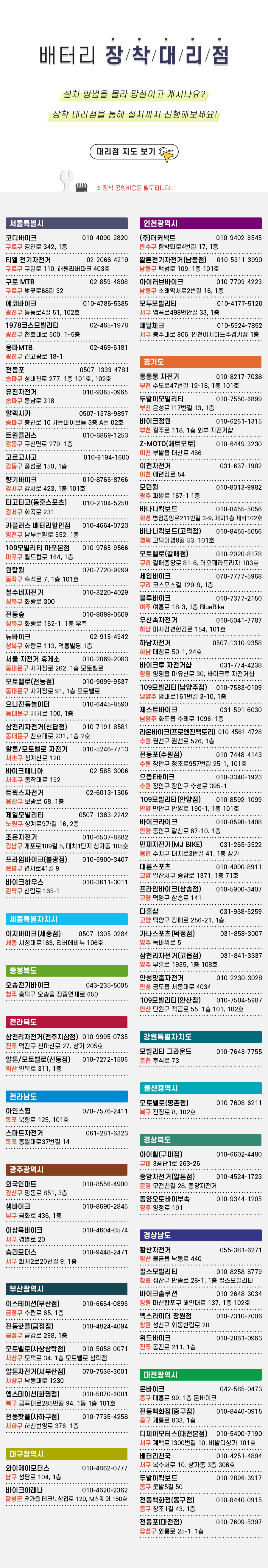 배터리 장착 대리점. ▪ 코디바이크 / 010-4090-2820 / 서울특별시 구로고 경인로 342 1층. ▪ 티엘 전기자전거 / 02-2066-4219 / 서울특별시 구로구 구일로 110, 해원리버파크 403호. ▪ 구로MTB / 02-859-4808 / 서울특별시 구로구 벚꽃로68길 32. ▪ 에코바이크 / 010-4786-5385 / 서울특별시 광진구 능동로4길 51 (자양동, 대종리버빌) 102호. ▪ 1978코스모빌리티 / 02-465-1978 / 서울특별시 광진구 천호대로 500 1~5층. ▪ 용마MTB / 02-469-6181 / 서울특별시 광진구 광진구 긴고랑로 18-1. ▪ 전동포 / 0507-1333-4781 / 서울특별시 송파구 성내천로 277, 1층 101호, 102호. ▪ 유진자전거 / 010-9365-0965 / 서울특별시 송파구 동남로 318.  ▪ 알렉시카 / 0507-1378-9897 / 서울특별시 송파구 충민로 10, 가든파이브툴 3층 A존 02호. ▪ 트윈플러스 / 010-6869-1253 / 서울특별시 강동구 구천면로 279, 1층. ▪ 고르고사고 / 010-9194-1600 / 서울특별시 강동구 풍성로 150, 1층. ▪ 향기바이크 / 010-8766-8766 / 서울특별시 강서구 강서로 423, 1층 101호. ▪ 타고타고(동훈스포츠) / 010-2104-5258 / 서울특별시 강서구 화곡로 231(화곡동) ▪ 카플러스 배터리할인점 / 010-4664-0720 / 서울특별시 양천구 남부순환로 552, 1층. ▪ 109모빌리티 마포본점 / 010-9765-9566 / 서울특별시 마포구 월드컵로 164, 1층. ▪ 원탑휠 / 070-7720-9999 / 서울특별시 동작구 흑석로 7, 1층 101호. ▪ 철수네자전거 / 010-3220-4029 / 서울특별시 성북구 화랑로 300(석관동). ▪ 전동숲 / 010-8098-0609 / 서울특별시 성북구 화랑로 162-1, 1층 우측(상월곡동). ▪ 뉴바이크 / 02-915-4942 / 성북구 화랑로 113, 덕흥빌딩 1층. ▪ 서울 자전거 휴게소 / 010-2069-2083 / 서울특별시 동대문구 사가정로 262 1층 모토벨로. ▪ 모토벨로(전농점) / 010-9099-9537 / 서울 동대문구 사가정로 91, 1층 모토벨로. ▪ 으니전동놀이터 / 010-6445-8590 / 서울특별시 동대문구 제기로 100, 1층. ▪ 삼천리자전거(신답점) / 010-7191-8581 / 서울특별시 동대문구 천호대로 231, 1층 2호. ▪ 알톤/모토벨로 자전거 / 010-5246-7713 / 서울특별시 서초구 청계산로 120. ▪ 바이크매니아 / 02-585-3006 / 서울특별시 서초구 동작대로 192. ▪ 트윅스자전거 / 02-6013-1306 / 서울특별시 용산구 보광로 68, 1층. ▪ 제일모빌리티 / 0507-1363-2242 / 서울특별시 노원구 상계로9가길 16, 2층. ▪ 조은자전거 / 010-6537-8882 / 서울특별시 강남구 개포로109길 5, 대치1단지 상가동 105호 ▪ 프라임바이크(불광점) / 010-5900-3407 / 서울특별시 은평구 연서로41길 9 ▪ 바이크하우스 / 010-3611-3011 / 서울특별시 관악구 신림로 165-1 ▪ (주)더커넥트 / 010-9402-6545 / 인천광역시 연수구 함박뫼로4번길 17 1층 전기자전거 (주)더커넥트. ▪ 알톤전기자전거(남동점) / 010-5311-3990 / 인천광역시 남동구 백범로 109, 1층 101호. ▪ 아이러브바이크 / 010-7709-4223 / 인천광역시 남동구 소래역서로2번길 16, 1층(논현동). ▪ 모두모빌리티 / 010-4177-5120 / 인천광역시 서구 염곡로498번안길 33, 1층 모두모빌리티(가정동). ▪ 페달체크 / 010-5924-7852 / 인천광역시 서구 봉수대로 806, 인천아시아드주경기장 1층. ▪ 통통통 자전거 / 010-8217-7038 / 경기도 부천시 수도로47번길 12-18, 1층 101호(삼정동, 월드베스트). ▪ 두발이모빌리티 / 010-7550-6899 / 경기도 부천시 은성로117번길 13 1층(괴안동). ▪ 바이크정원 / 010-6261-1315 / 경기도 부천시 길주로 118, 1층 외부 자전거샵. ▪ 제트모토 / 010-6449-3230 / 경기도 이천시 부발읍 대산로 486. ▪ 이천자전거 / 031-637-1982 / 경기도 이천시 애련정로 54. ▪ 모던휠 / 010-8013-9982 / 경기도 광주시 파발로 167-1 1층. ▪ 바나나 킥보드 / 010-8455-5056 / 경기도 화성시 병점중앙로211번길 3-9 제지1층 제비102호. ▪ 바나나 킥보드(고덕점) / 010-8455-5056 / 경기도 평택시 고덕여염8길 53, 101호. ▪ 모토벨로 구리갈매점 / 010-2020-8178 / 경기 구리시 갈매중앙로 81-6 더오페라프라자 103호. ▪ 세임바이크 / 070-7777-5968 / 경기도 구리시 코스모스길 129-9 1층. ▪ 블루바이크 / 010-7377-2150 / 경기 여주시 여흥로 18-3 (하동) 1층. ▪ 우산속자전거 / 010-5041-7787 / 경기도 하남시 미사강변한강로 154, 101호(망월동). ▪ 하남자전거 / 0507-1310-9358 / 경기도 하남시 대청로 50-1, 24호. ▪ 바이크루 자전거샵 / 031-774-4238 / 경기도 양평군 양평읍 마유산로 30. ▪ 109모빌리티(남양주점) / 010-7583-0109 / 경기도 남양주시 평내로161번길 3-10, 1층. ▪ 제스트바이크 / 031-591-6030 / 경기도 남양주시 화도읍 수레로 1096 1층. ▪ 라온바이크(프로엔진팩토리) / 010-4561-4728 / 경기도 수원시 권선구 권선로 526, 1층. ▪ 전동포(수원점) / 010-7448-4143 / 경기도 수원시 장안구 정조로957번길 25-1, 101호. ▪ 으뜸E바이크 / 010-3340-1923 / 경기도 수원시 장안구 수성로 395-1. ▪ 109모빌리티(안양점) / 010-8592-1099 / 경기도 안양시 만안구 안양로 190-1, 1층 101호. ▪ 바이크라이크 / 010-8598-1408 / 경기도 안양시 동안구 갈산로 67-10, 1층(호계동). ▪ 민재자전거(MJ BIKE) / 031-265-3522 / 경기도 용인시 수지구 대지로3번길 41, 1층 상가. ▪ 대륜스포츠 / 010-4900-8911 / 경기도 고양시 일산서구 중앙로 1371, 1층 71호(주엽동). ▪ 프라임바이크(삼송점) / 010-5900-3407 / 경기도 고양시 덕양구 삼송로 141 ▪ 다혼샵 / 031-938-5259 / 경기도 고양시 덕양구 강매로 256-21, 1층 ▪ 가나스포츠(덕정점) / 031-858-3007 / 경기도 양주시 독바위로 5. ▪ 삼천리자전거(고읍점) / 031-841-3337 / 경기도 양주시 부흥로 1935, 1층 108호. ▪ 안성맞춤자전거 / 010-2230-3028 / 경기도 안성시 공도읍 서동대로 4034. ▪ 109모빌리티(안산점) / 010-7504-5987 / 경기도 안산시 단원구 적금로 55, 1층 101, 102호. ▪ 이지바이크(세종점) / 0507-1305-0284 / 세종특별자치시 시청대로163, 리버에비뉴 106호. ▪ 오송전기바이크 / 043-235-5005 / 충북 청주시 흥덕구 오송읍 정중연제로 650. ▪ 아이휠 구미점 / 010-6602-4480 / 경상북도 구미시 3공단1로 263-26 ▪ 중앙자전거(알톤점) / 010-4524-1723 / 경상북도 문경시 모전천길 28 ▪ 동양오토바이부속 / 010-9344-1205 / 경상북도 경주시 양정로 191 ▪ 황산자전거 / 055-381-6271 / 경상남도 양산시 물금읍 낙동로 440 ▪ 필스모빌리티 / 010-8258-8779 / 경상남도 창원시 성산구 반송로 28-1, 1층 필스모빌리티 ▪ 바이크솔루션 / 010-2648-3034 / 경남 창원시 마산합포구 해안대로 137 1층 102호 ▪ 엑스라이더 창원점 / 010-7310-7006 / 경남 창원시 성산구 외동반림로 20 ▪ 위드바이크 / 010-2061-0963 / 경남 진주시 동진로 211, 1층 ▪ 모토벨로(명촌점) / 010-7608-6211 / 울산광역시 북구 진장로 8, 102호(진장동) ▪ 삼천리자전거(전주지삼점) / 010-9995-0735 / 전라북도 전주시 덕진구 천마산로 27 상가 205호. ▪ 알톤/모토벨로(신동점) / 010-7272-1506 / 전북 익산시 인북로 311, 1층. ▪ 아인스휠 / 070-7576-2411 / 전라남도 목포시 북항로 125, 101호. ▪ 스마트자전거 / 061-281-6323 / 전라남도 목포시 통일대로37번길 14. ▪ 모빌리티 그라운드 / 010-7643-7755 / 강원도 춘천시 후석로 73. ▪ 외국인마트 / 010-8556-4900 / 광주광역시 광산구 평동로 851 3층( 옥동). ▪ 샘바이크 / 010-8690-2845 / 광주광역시 남구 금화로 436, 1층. ▪ 이상묵바이크 / 010-4604-0574 / 광주광역시 서구 경열로 20. ▪ 승리모터스 / 010-9448-2471 / 광주광역시 서구 화개2로20번길 9, 1층. ▪ 몬바이크 / 042-585-0473 / 대전광역시 중구 대흥로 99, 1층 몬바이크. ▪ 전동백화점(중구점) / 010-8440-0915 / 대전광역시 중구 계룡로 833, 1층. ▪ 디제이모터스(대전본점) / 010-5400-7190 / 대전광역시 서구 계백로1300번길 10, 비발디상가 101호. ▪ 배터리천국 / 010-4251-4894 / 대전광역시 서구 복수서로 10, 상가동 3층 306호. ▪ 두발이킥보드 / 010-2896-3917 / 대전광역시 동구 옻밭5길 50(신흥동). ▪ 전동백화점(동구점) / 010-8440-0915 / 대전광역시 동구 창조1길 43, 1층. ▪ 전동포(대전점) / 010-7609-5397 / 대전광역시 유성구 와룡로 25-1, 1층. ▪ 이스테이션(부산점) / 010-6664-0896 / 부산광역시 금정구 수림로 65, 1층. ▪ 전동핫플(금정점) / 010-4824-4094 / 부산 금정구 금강로 298, 1층. ▪ 모토벨로(사상삼락점) / 010-5058-0071 / 부산광역시 사상구 모덕로 34, 1층 모토벨로 삼락점. ▪ 알톤자전거(서부산점) / 070-7536-3001 / 부산광역시 사상구 낙동대로 1230. ▪ 엠스테이션(화명점) / 010-5070-6081 / 부산광역시 북구 금곡대로285번길 94, 1동 1층 101호(화명동, 엘가) ▪ 전동핫플(사하구점) / 010-7735-4258 / 부산광역시 사하구 하신번영로 376, 1층. ▪ 와이제이모터스 / 010-4862-0777 / 대구광역시 남구 성당로 104, 1층. ▪ 바이크아레나 / 010-4620-2362 / 대구광역시 달성군 유가읍 테크노상업로 120, M스퀘어 150호
