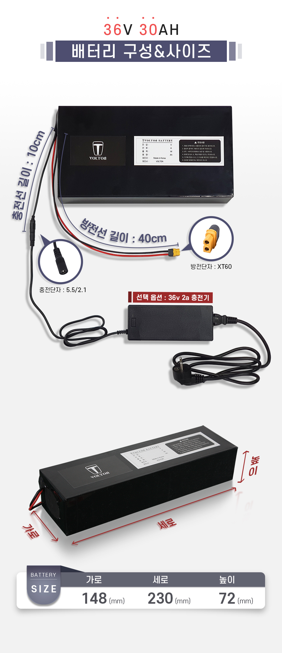배터리 사이즈: 가로 148mm, 세로 230mm, 높이 72mm. 충전단자(선 길이): 5.5/2.1(10cm), 방전단자(선 길이): xt60(40cm))
