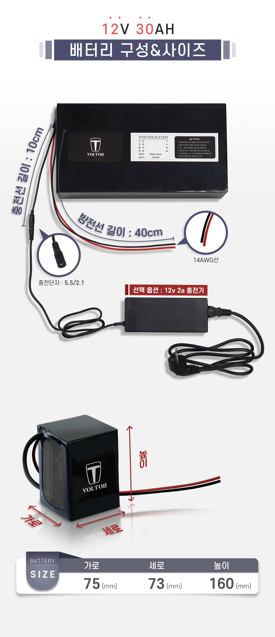 배터리 구성&사이즈: 충전선 길이/단자: 10cm / 5.5/2.1, 방전선 길이/단자: 40cm / xt60. 가로 75mm, 세로 73mm, 높이 160mm.