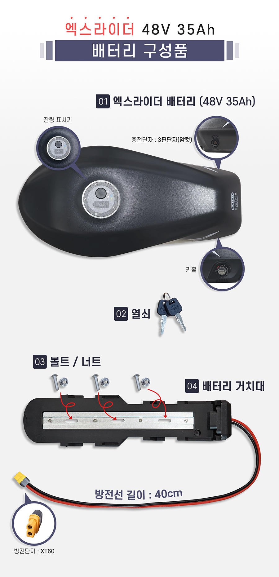 제품 구성: 1. 엑스라이더 배터리(48V 35ah), 2. 열쇠, 3. 볼트/너트/와셔, 4. 배터리 거치대. 5. 충전용 연결 젠더. 방전선 길이: 40cm. 충전단자: 3핀단자(암컷). 방전단자: xt60 단자