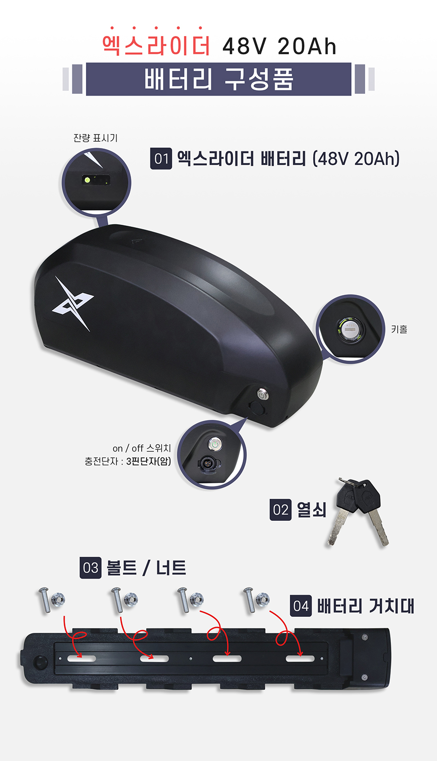 제품 구성: 1. 엑스라이더 배터리(48V 20ah), 2. 열쇠, 3. 볼트/너트, 4. 배터리 거치대. 충전단자: 3핀단자(암컷).