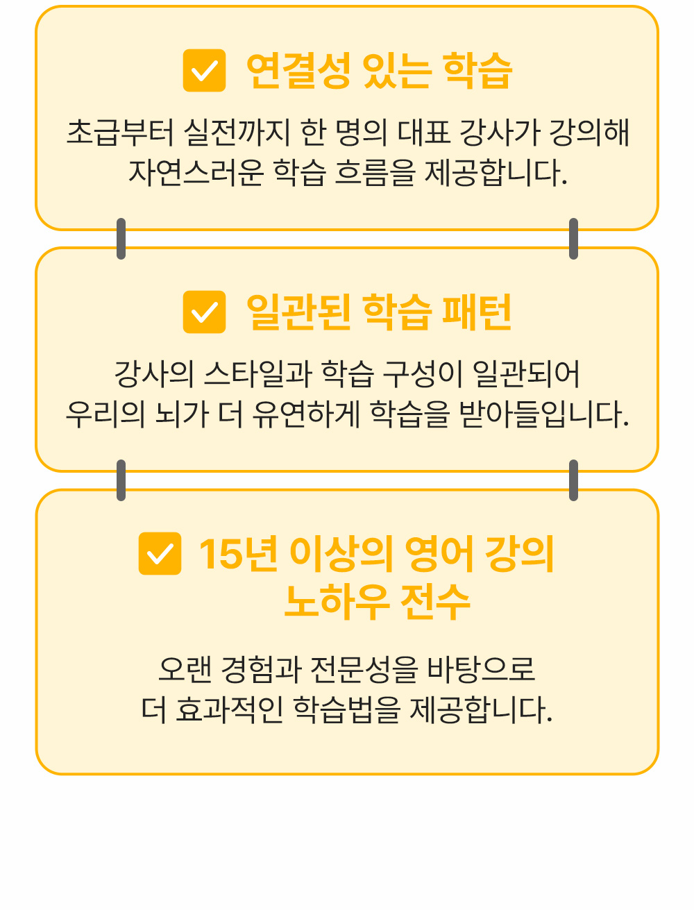 연결성 있는 영어학습 일관된 학습 패턴 15년 이상의 영어 강의 노하우 전수