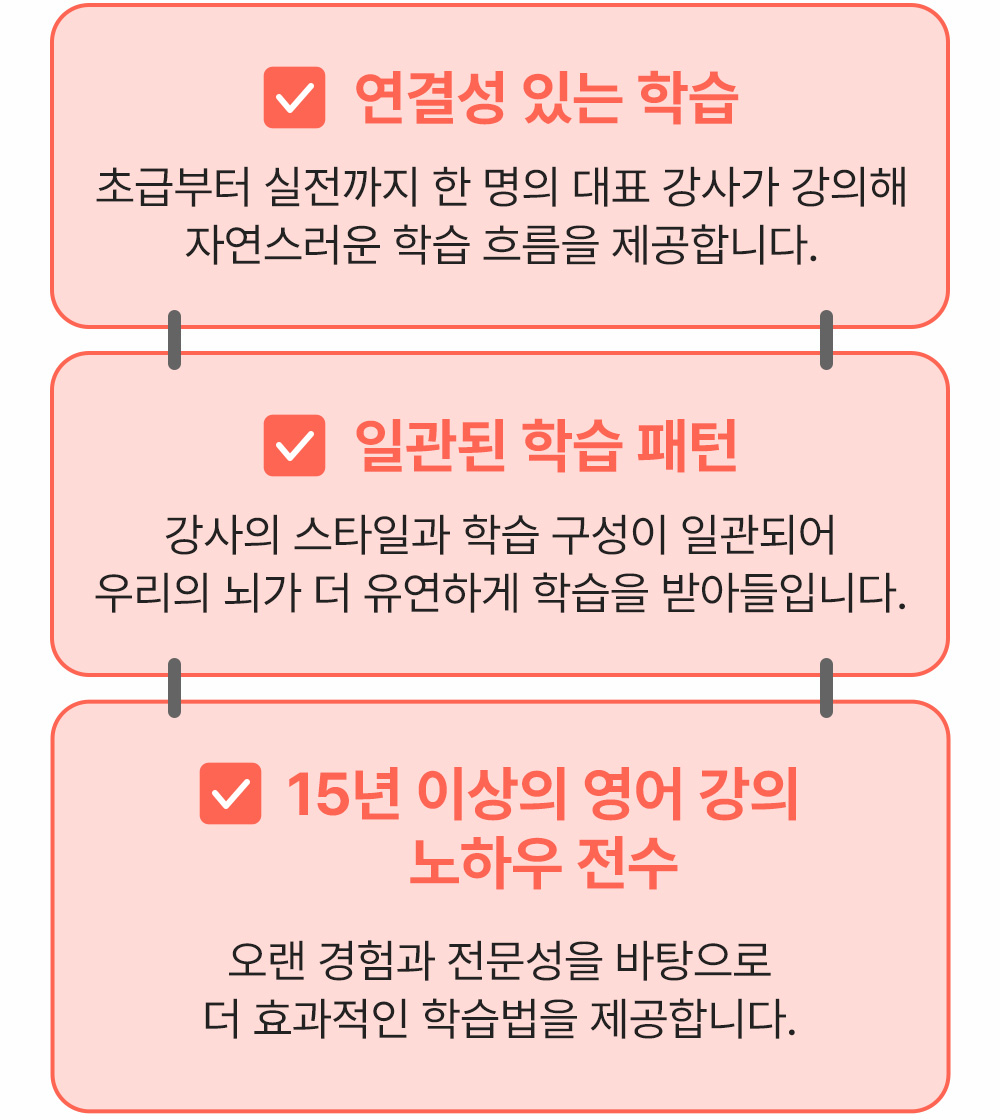  연결성 있는 영어학습 일관된 학습 패턴 15년 이상의 영어 강의 노하우 전수