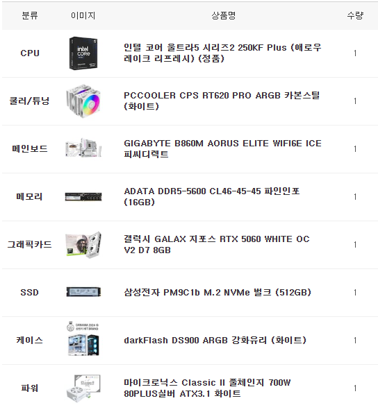 인텔 다용도 울트라5 리프레쉬 250K PLUS + 5060 + 16GB 화이트 조립 PC