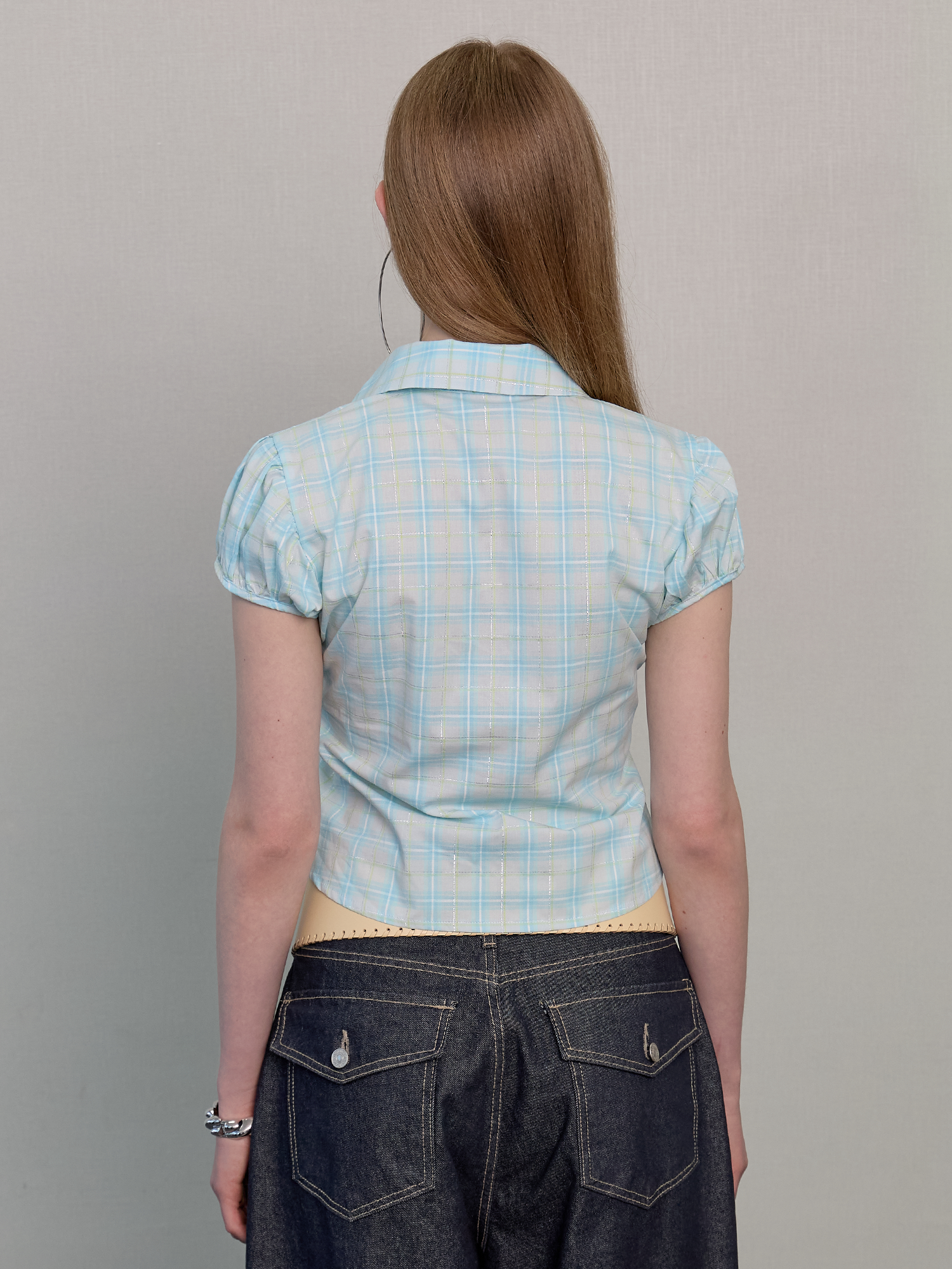 Open collared glow check shirt blue