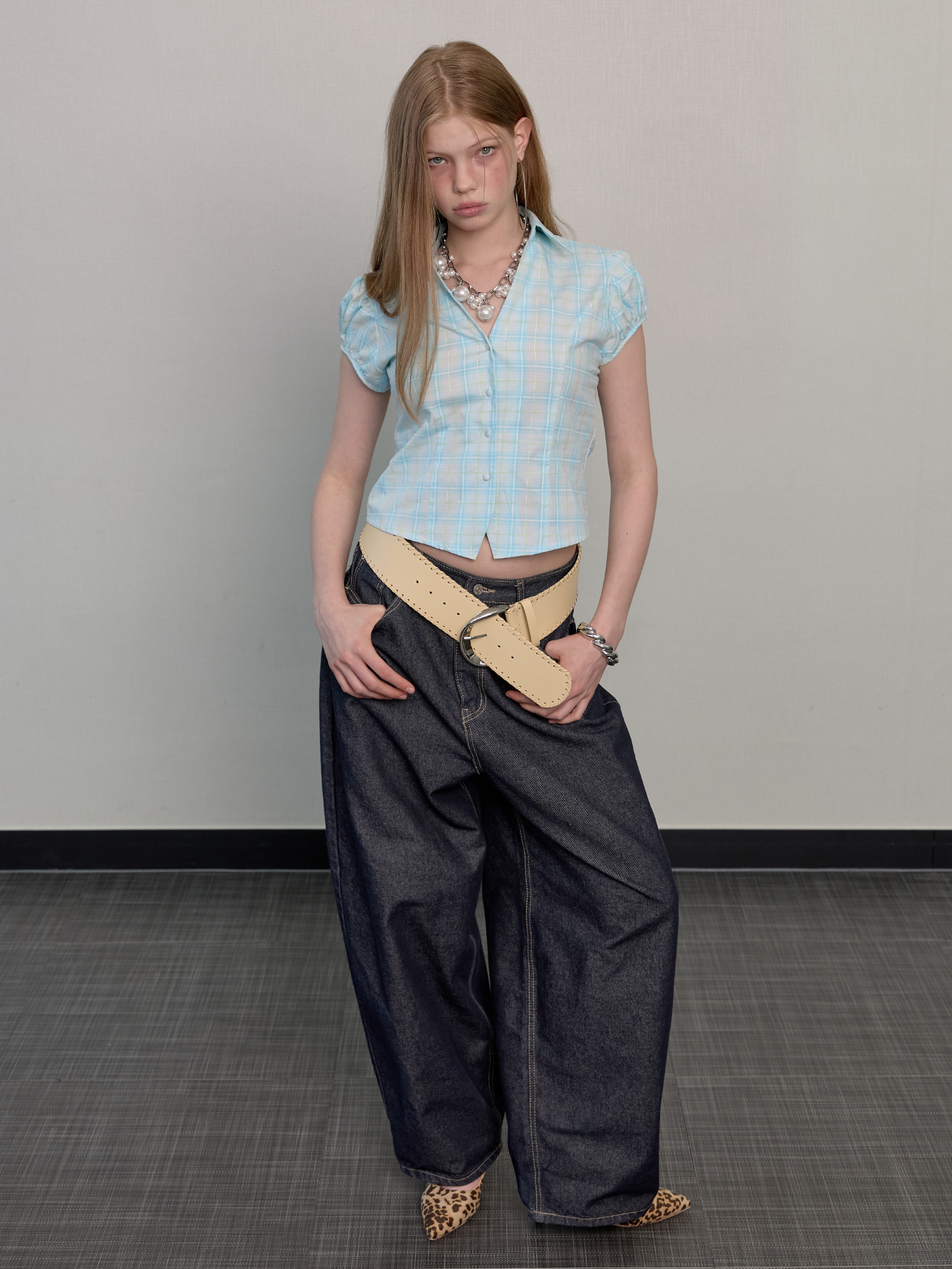 Open collared glow check shirt blue