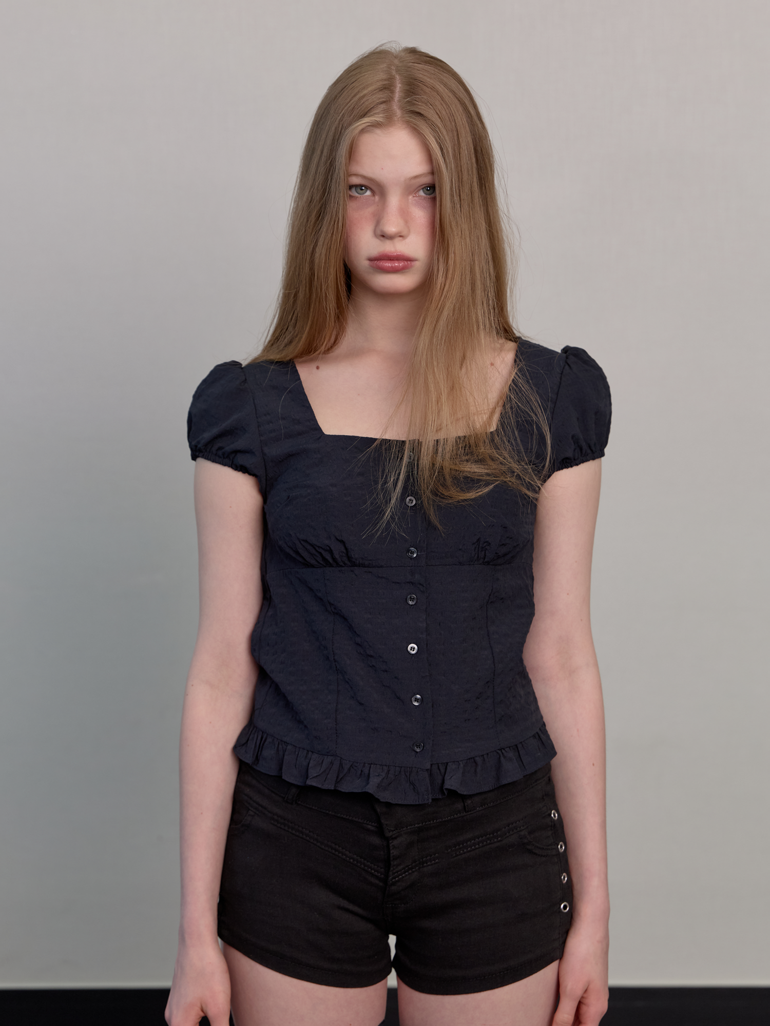 Square neck ruffled blouse navy