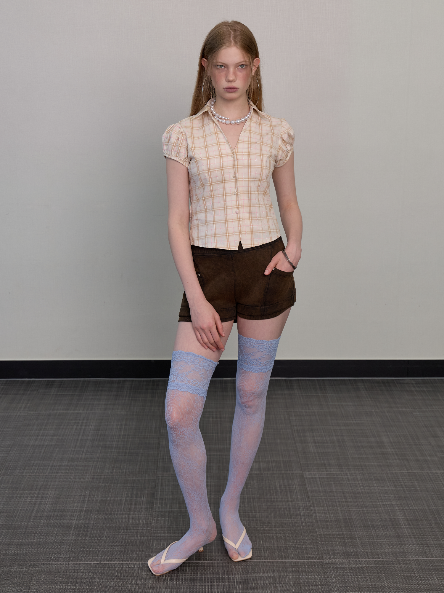 Open collared glow check shirt beige