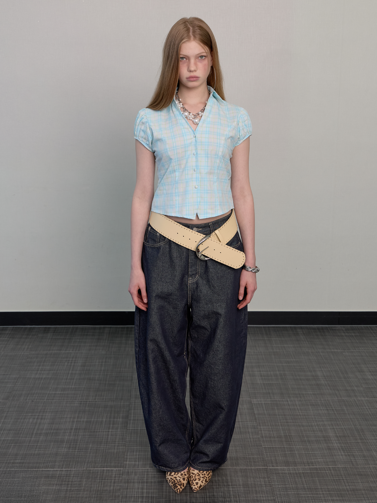 Open collared glow check shirt blue