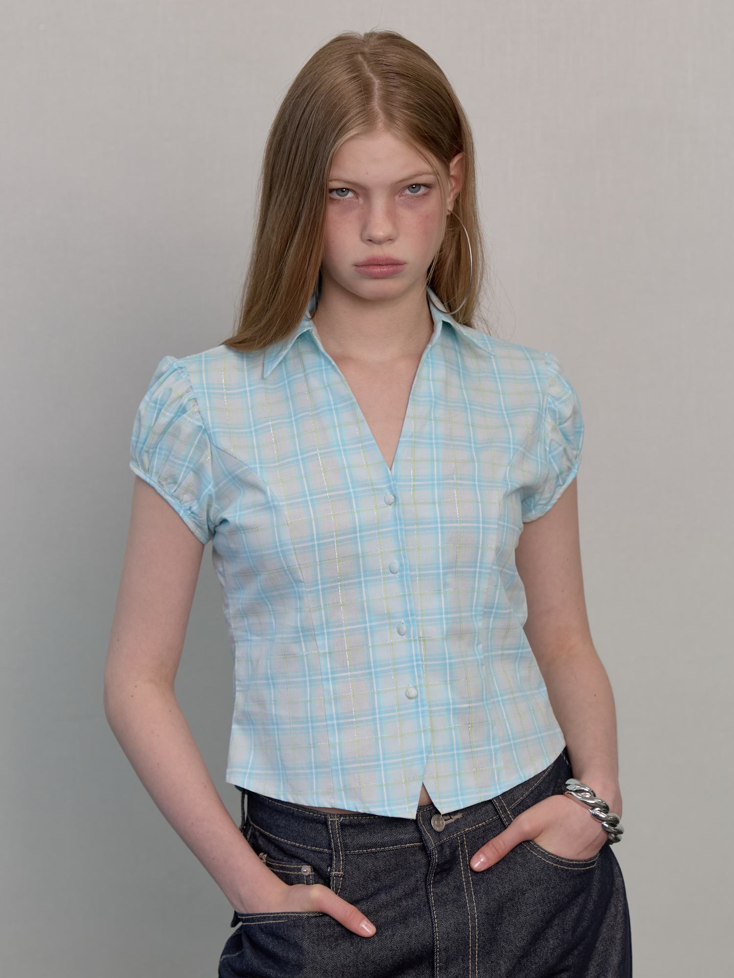 Open collared glow check shirt blue