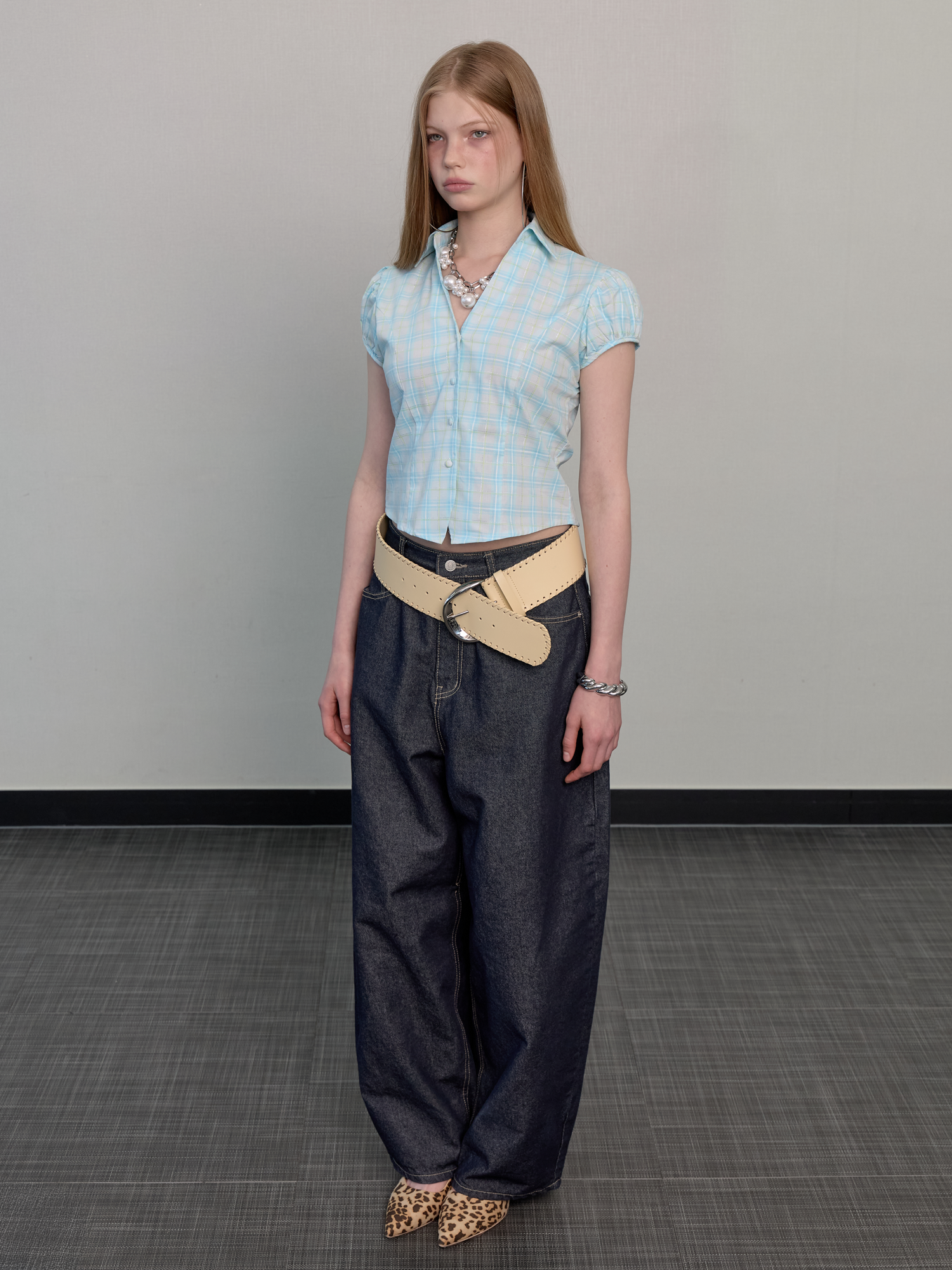 Open collared glow check shirt blue