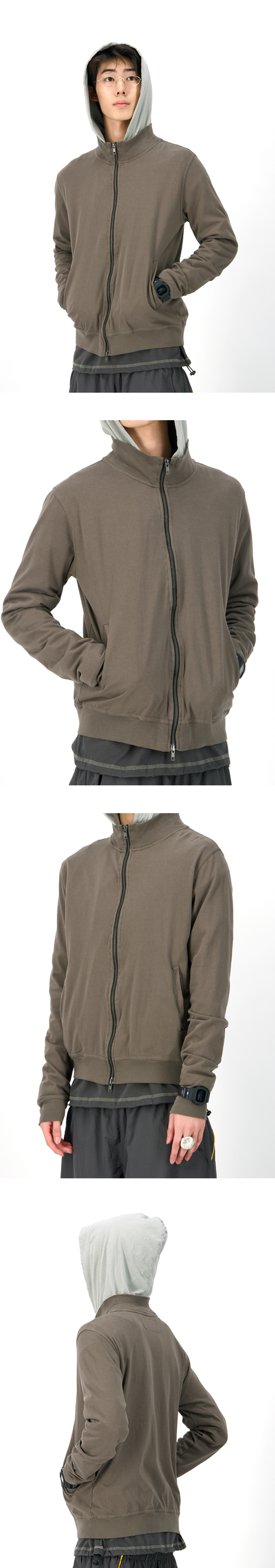 COLLAR FRAME HOOD ZIP-UP - ECRU GREIGE