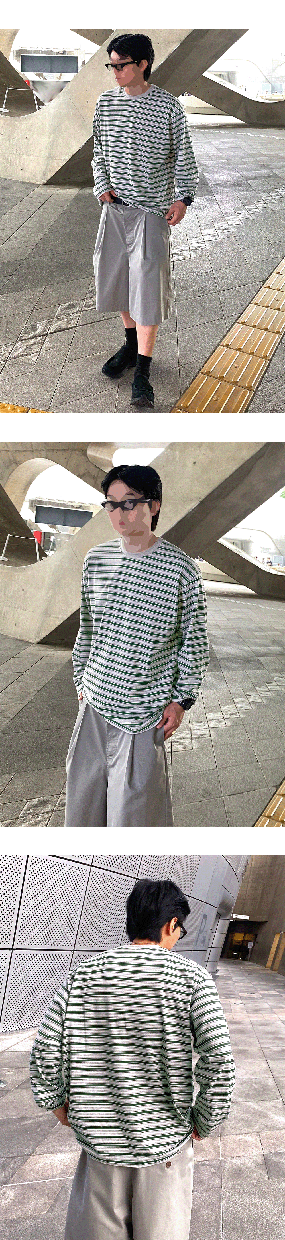 Mu.194 Classic Logo Multi-Border Striped Over Fit Long Sleeve Gray / Green