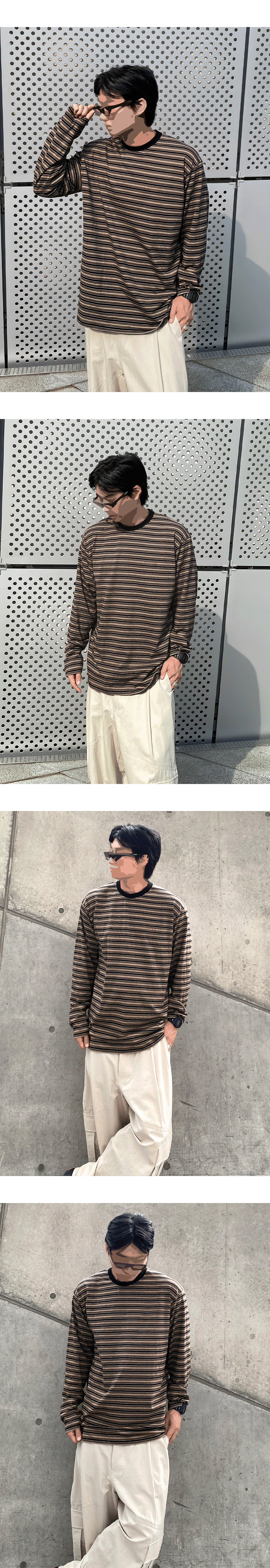 Mu.194 Classic Logo Multi-Border Striped Over Fit Long Sleeve Brown / Black