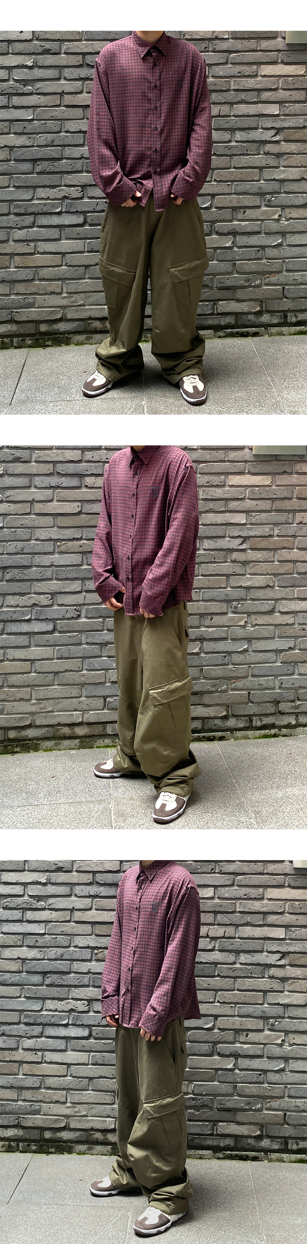 MU.135 Circle Logo Basic Long Sleeve Check Shirts Pink Gray