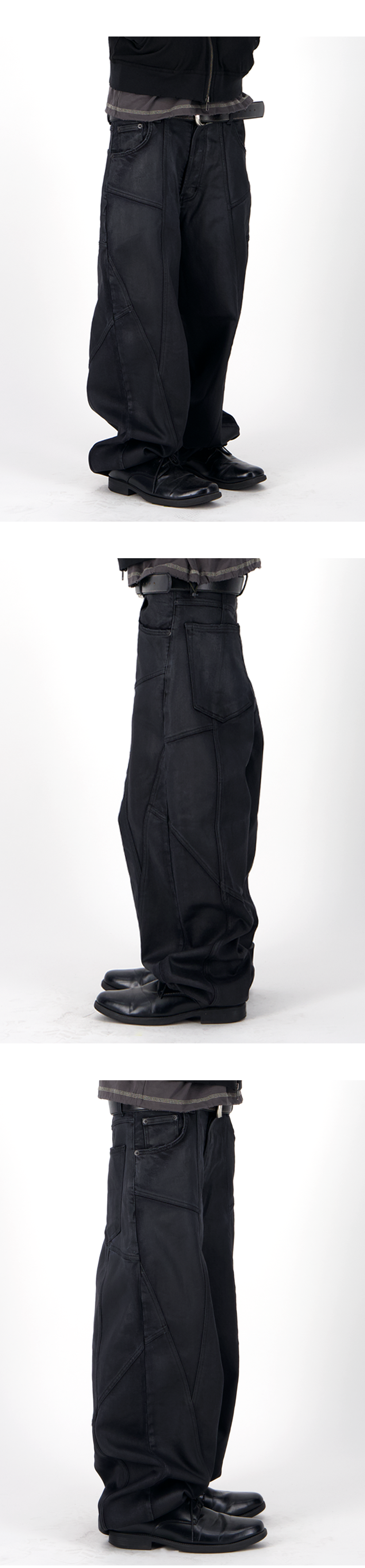 CROSS PANEL COATED BAGGY JEANS - CARBON BLACK