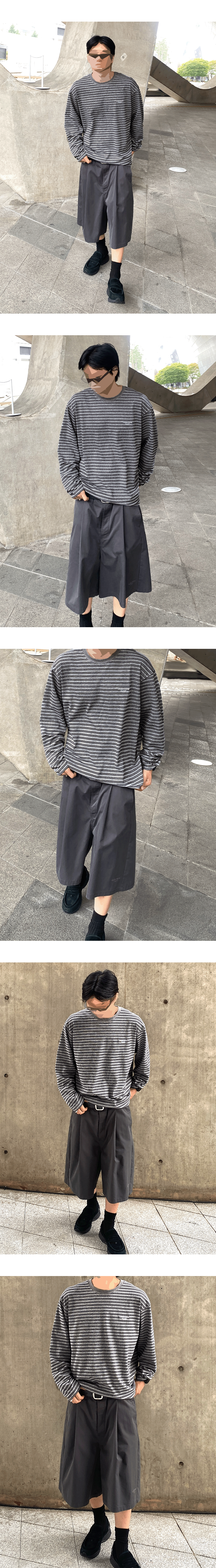 Mu.193 Classic Logo Striped Over Fit Long Sleeve Dark Gray / Navy