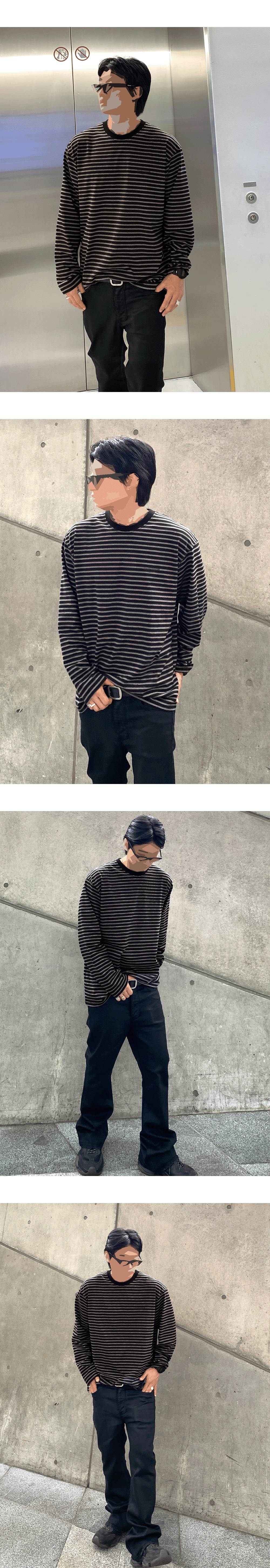 Mu.193 Classic Logo Striped Over Fit Long Sleeve Black / Brown