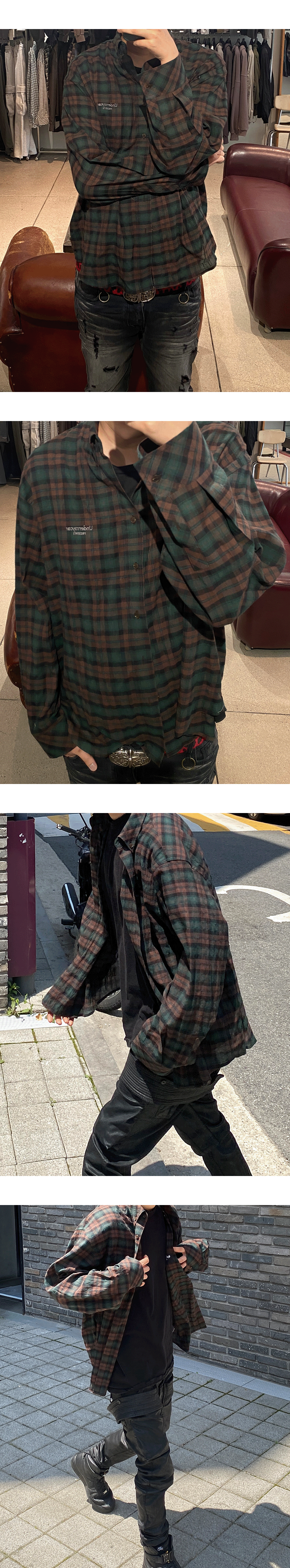 MU.116 Original Logo Basic Long Sleeve Check Shirts Green Brown